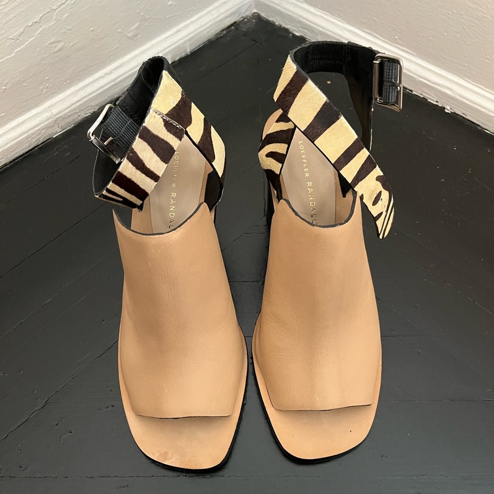 Loeffler Randall Maisy Sandals | Tan Leather & Striped Calf Hair Heels | US 10